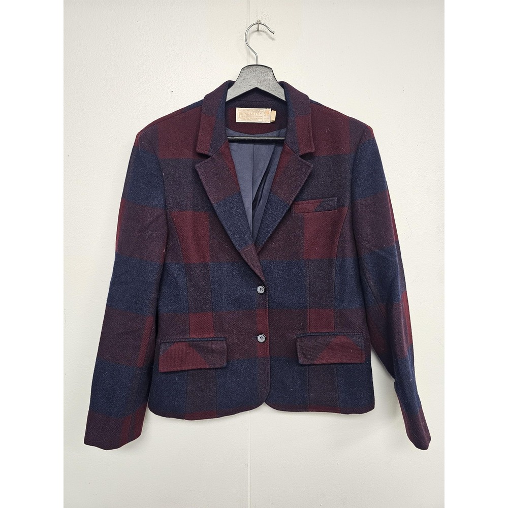 Pendleton Jacket Womens Medium Red Navy Plaid Wool Blazer Lined USA Checkered